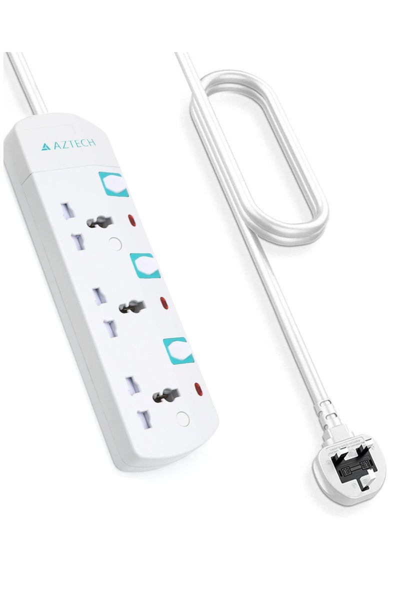 Aztech كابل تمديد كهربائي 3 طرق 3M 3250W مع 3 مآخذ عالمية ومفاتيح فردية ومؤشرات LED معتمد من ECAS - Image 1